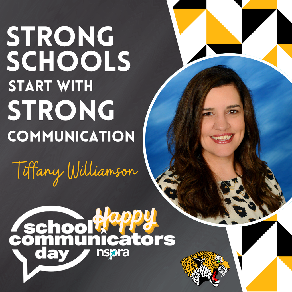 Graphic for School Communicators Day featuring a portrait of Tiffany Williamson on a black, white, and gold background with geometric patterns. Large white text reads “Strong Schools Start With Strong Communication.” Her name appears in gold script lettering. The graphic also includes the School Communicators Day and NSPRA logos along with a De Queen Leopards logo at the bottom.