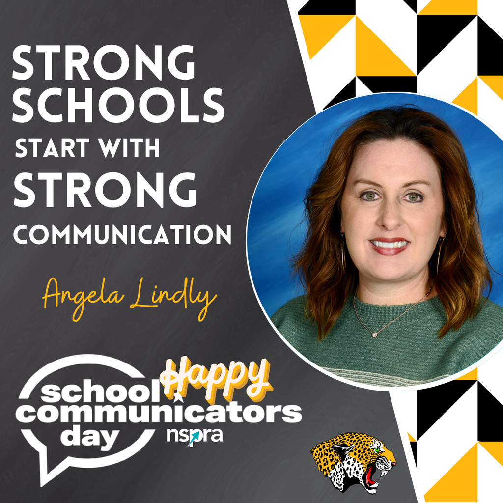 Graphic for School Communicators Day featuring a portrait of Angela Lindly on a black, white, and gold background with geometric patterns. Large white text reads “Strong Schools Start With Strong Communication.” Her name appears in gold script lettering. The graphic also includes the School Communicators Day and NSPRA logos along with a De Queen Leopards logo at the bottom.