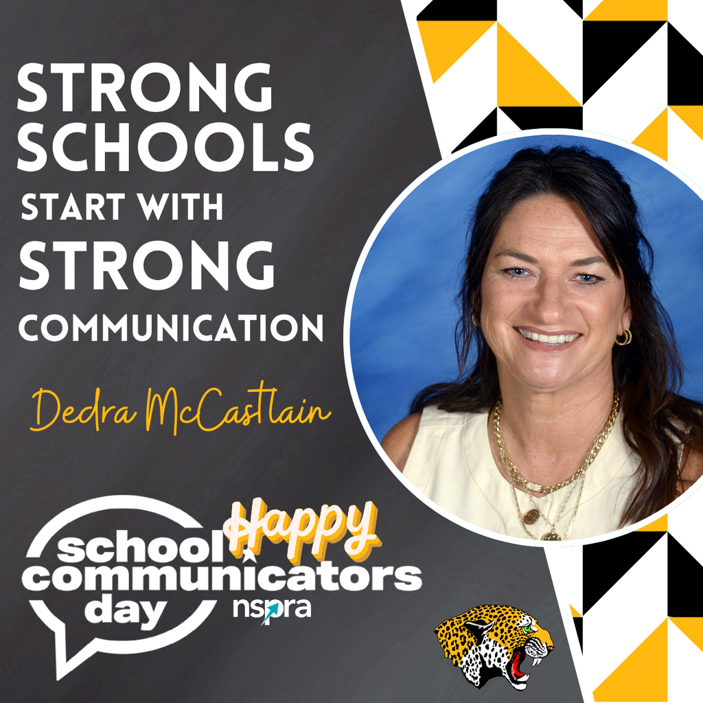 Graphic for School Communicators Day featuring a portrait of Dedra McCastlain on a black, white, and gold background with geometric patterns. Large white text reads “Strong Schools Start With Strong Communication.” Her name appears in gold script lettering. The graphic also includes the School Communicators Day and NSPRA logos along with a De Queen Leopards logo at the bottom.