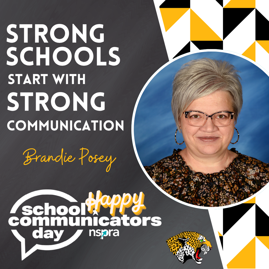 Graphic for School Communicators Day featuring a portrait of Brandie Posey on a black, white, and gold background with geometric patterns. Large white text reads “Strong Schools Start With Strong Communication.” Her name appears in gold script lettering. The graphic also includes the School Communicators Day and NSPRA logos along with a De Queen Leopards logo at the bottom.