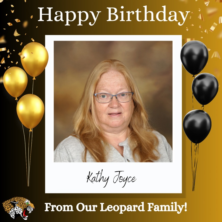 happy birthday Mrs Kathy with black and gold colors and balloons with leopard logo 