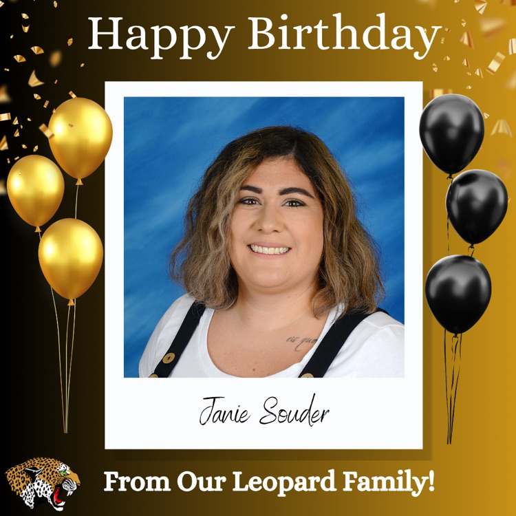 happy birthday Janie Souder with her picture on a black and gold frame with black and gold balloons