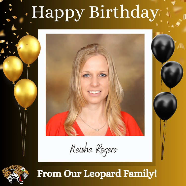 black and gold frame with a picture of Mrs Roger’s and her name Neisha Roger’s under the picture in script with black and gold balloons on each side of the picture