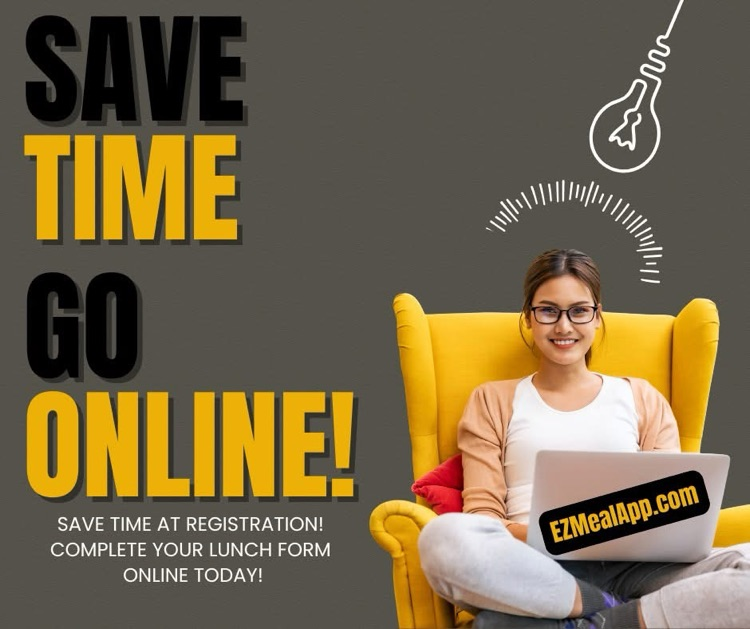 graphic with a dark gray background featuring the words save time go online in large and black and gold letters a student sitting in a chair with a laptop that says ezmealapp.com