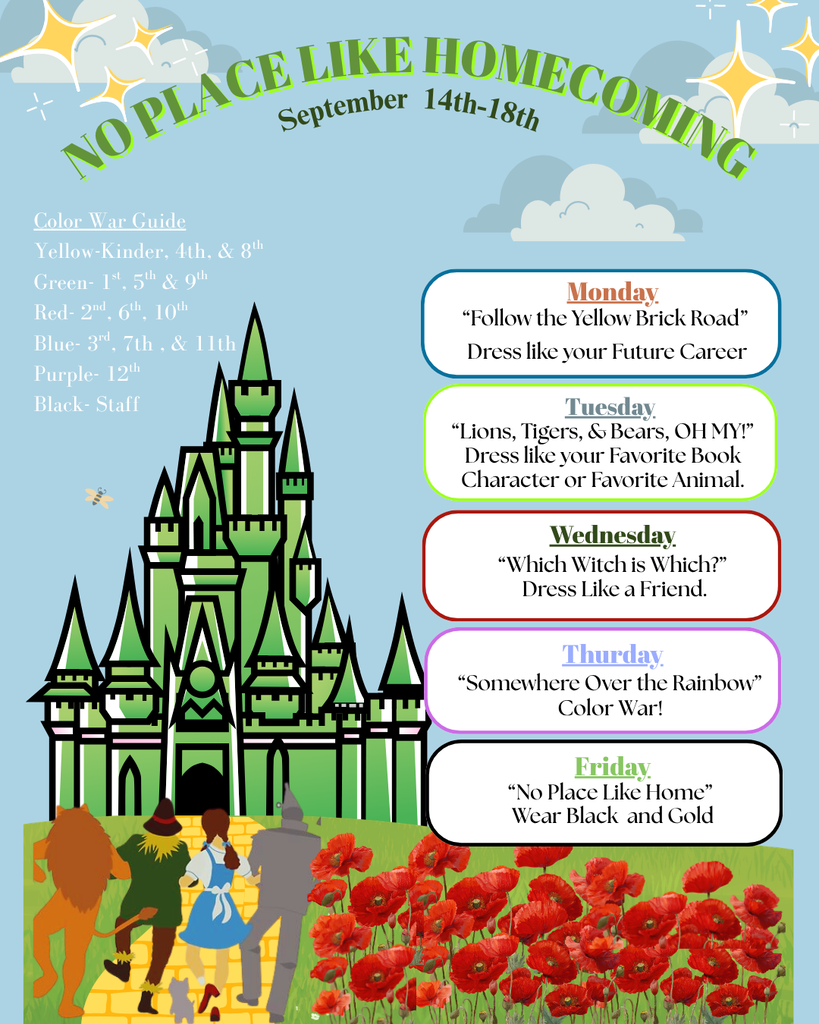 Wizard of Oz-themed De Queen High School Homecoming Week graphic for September 14–18. Spirit days: Monday, “Follow the Yellow Brick Road,” dress like your future career; Tuesday, “Lions, Tigers, & Bears, OH MY!,” dress as your favorite book character or animal; Wednesday, “Which Witch is Which?,” dress like a friend; Thursday, “Somewhere Over the Rainbow,” Color War; Friday, “No Place Like Home,” wear black and gold. Color War guide: Yellow—Kindergarten, 4th, and 8th; Green—1st, 5th, and 9th; Red—2nd, 6th, and 10th; Blue—3rd, 7th, and 11th; Purple—12th; Black—staff. Graphic features an Emerald City-style castle, yellow brick road, Dorothy, Scarecrow, Tin Man, Cowardly Lion, and red poppies.
