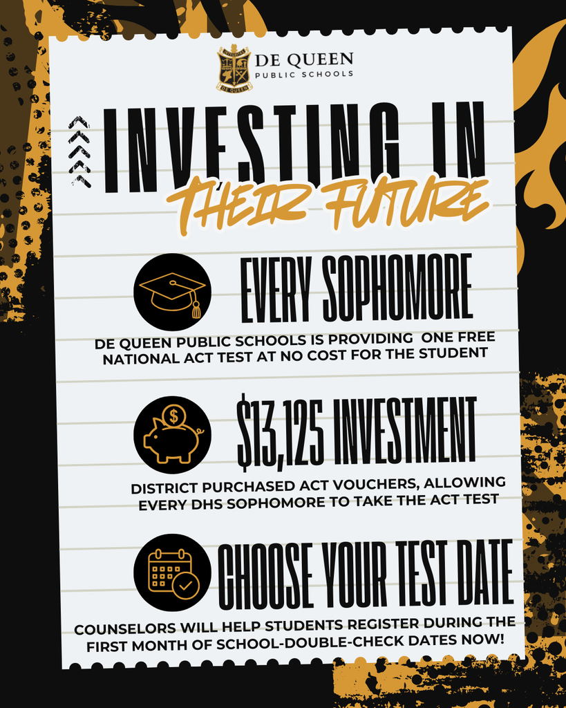 Graphic from De Queen Public Schools titled “Investing in Their Future.” It announces that every DHS sophomore will receive one free national ACT test voucher. The De Queen Board of Education approved a $13,725 investment to provide the vouchers. Counselors will help students register during the first month of school, and students are encouraged to carefully choose the test date that works best for their schedule.