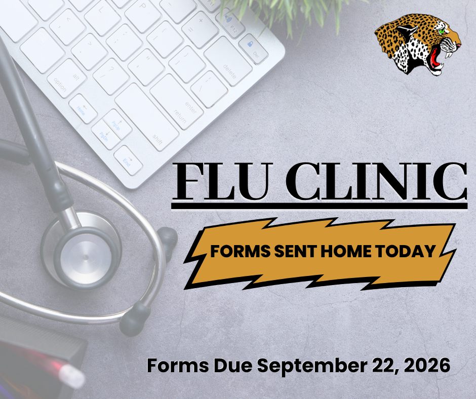 Graphic announcing the De Queen School District flu clinic. Flu clinic forms are being sent home with students today and are due September 22. The graphic features a stethoscope and keyboard in the background with the Leopard logo in the upper right corner.