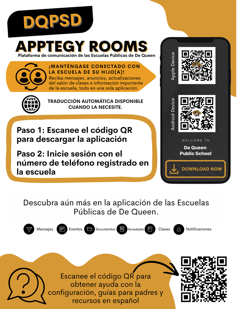 Graphic promoting Apptegy Rooms for De Queen Public Schools. Families can scan QR codes to download the DQPSD Leopard app for Apple or Android, then sign in to Rooms using the phone number on file with the school. Rooms provides messages, announcements, classroom updates, important school information, and built-in translation. A separate QR code links to setup help, parent guides, and Spanish resources.
