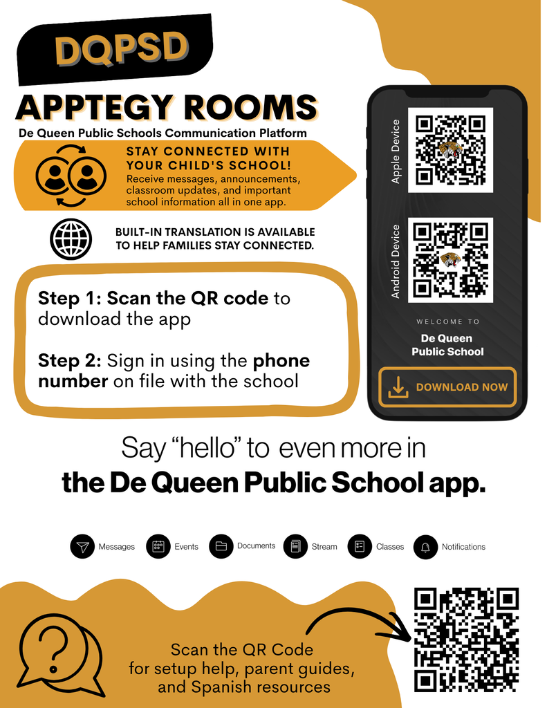 Graphic promoting Apptegy Rooms for De Queen Public Schools. Families can scan QR codes to download the DQPSD Leopard app for Apple or Android, then sign in to Rooms using the phone number on file with the school. Rooms provides messages, announcements, classroom updates, important school information, and built-in translation. A separate QR code links to setup help, parent guides, and Spanish resources.