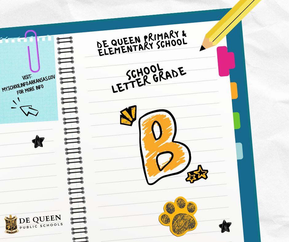 Notebook graphic with scribble letter B in gold with stickers around notebook. School letter grade