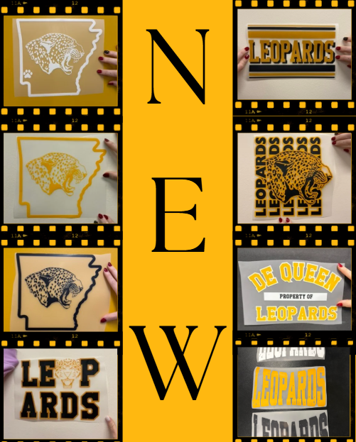 Pictures of templates for shirts from Leopard Den with a gold stripe down the middle that says NEW