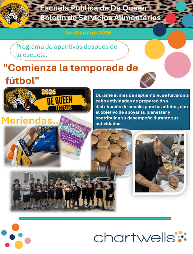 Boletín de Servicios Alimentarios de las Escuelas Públicas de De Queen destacando el programa de meriendas después de la escuela para los estudiantes atletas. Las fotos muestran meriendas y sándwiches preparados, al Chef Brad preparando alimentos y a estudiantes atletas de De Queen disfrutando de las meriendas proporcionadas durante la temporada de fútbol.