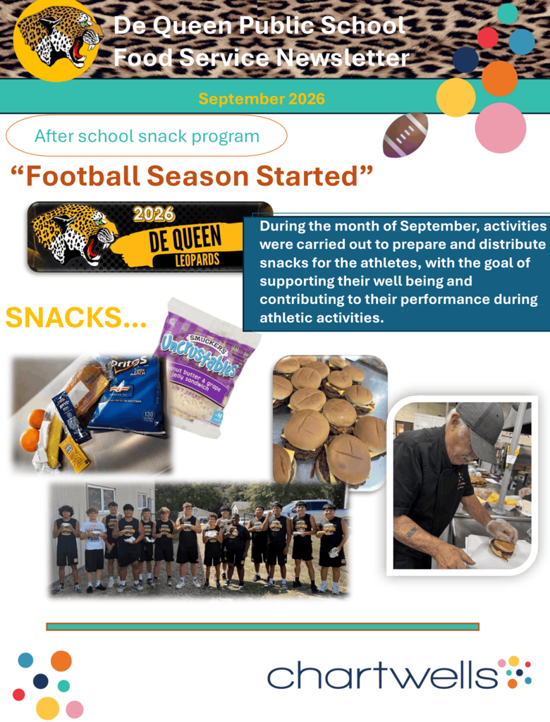 De Queen Public Schools September Food Services Newsletter highlighting the after-school snack program for student-athletes. Photos show prepared snacks and sandwiches, Chef Brad assembling food, and De Queen student-athletes enjoying snacks provided to support them during football season.