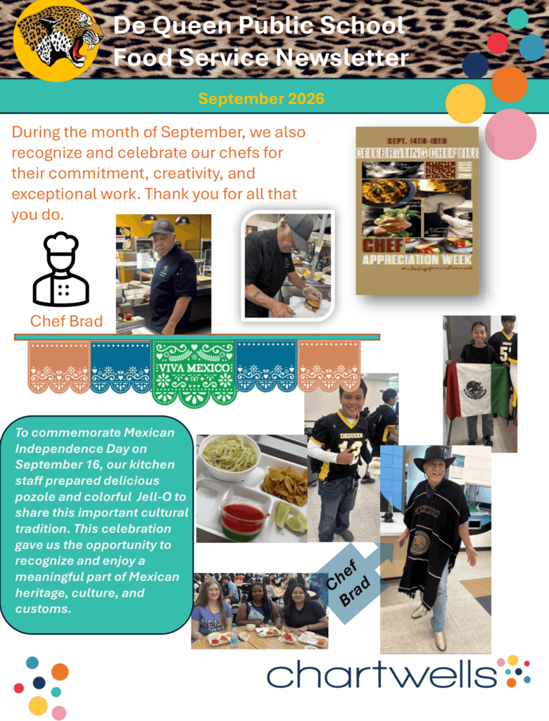 De Queen Public Schools September Food Services Newsletter celebrating Chef Appreciation Week and Mexican Independence Day. Photos feature Chef Brad preparing and serving food, students participating in the celebration, Mexican flags and decorations, and a meal of pozole, chips, lime, and colorful Jell-O prepared in recognition of Mexican heritage and culture.