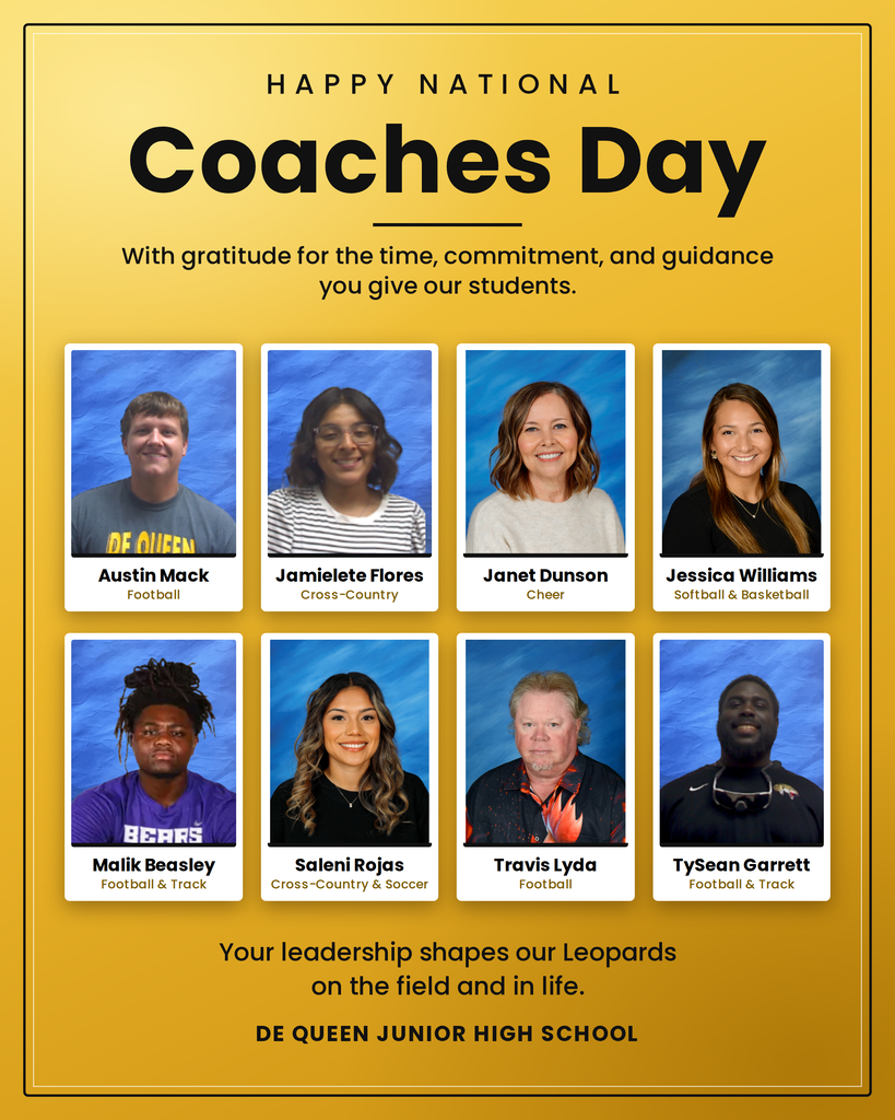 Happy National Coaches Day graphic thanking eight De Queen Junior High coaches, with portraits, names, and sports on a gold background.