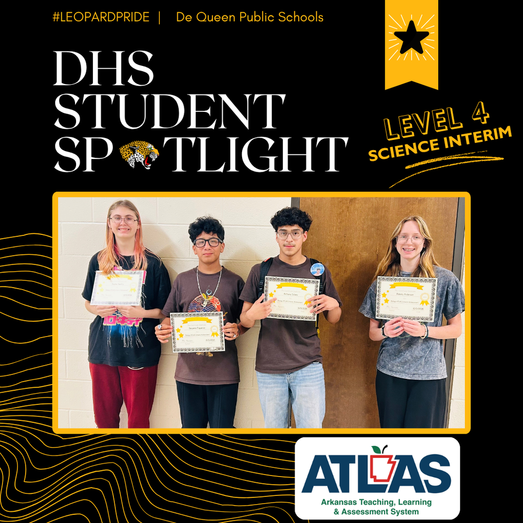 4 DHS students posing with a certificate for scoring at the LEVEL 4 Science Interim level on the ATLAS test