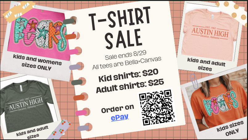 T-shirt sale ends 8/29. All tees are Bella Canvas. Kid shirts are $20. Adult Shirts are $25. Order on ePay.
