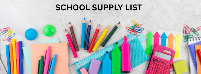 A bright, overhead shot of various colorful school supplies arranged neatly across a textured light grey background. At the top center, bold black text reads 'SCHOOL SUPPLY LIST'. Below the text, a vibrant assortment of items is spread out, including a fan of colored pencils, highlighters, markers, ballpoint pens resting on pastel notebooks, a turquoise pencil pouch, paperclips, sticky arrow flags, a pink calculator, and the edge of a spiral notebook.