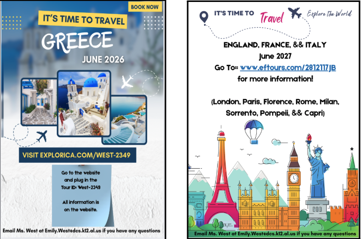Hello future travelers, and anyone looking to travel the world and explore new places! Take a trip around the world with the AHS World Language Department. We will be traveling to Greece in June 2026 and back to England, France, && Italy in 2027!! You are able to enroll for both now. December 31, 2025 will be the final day to enroll for Greece. If you have questions, email Ms. West at Emily.West@dcs.k12.al.us Thank you again and we are so excited to travel with you! Ms. West