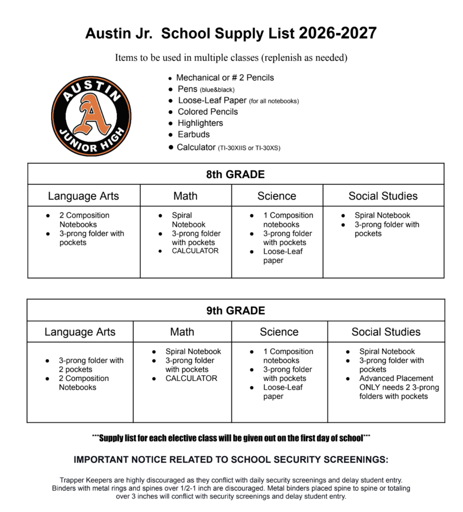 AJHS school supply list