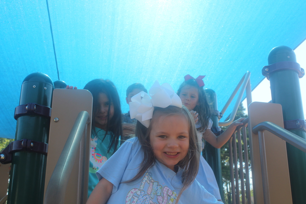 Small girls on playground equipment under shad, smiling and laughing.