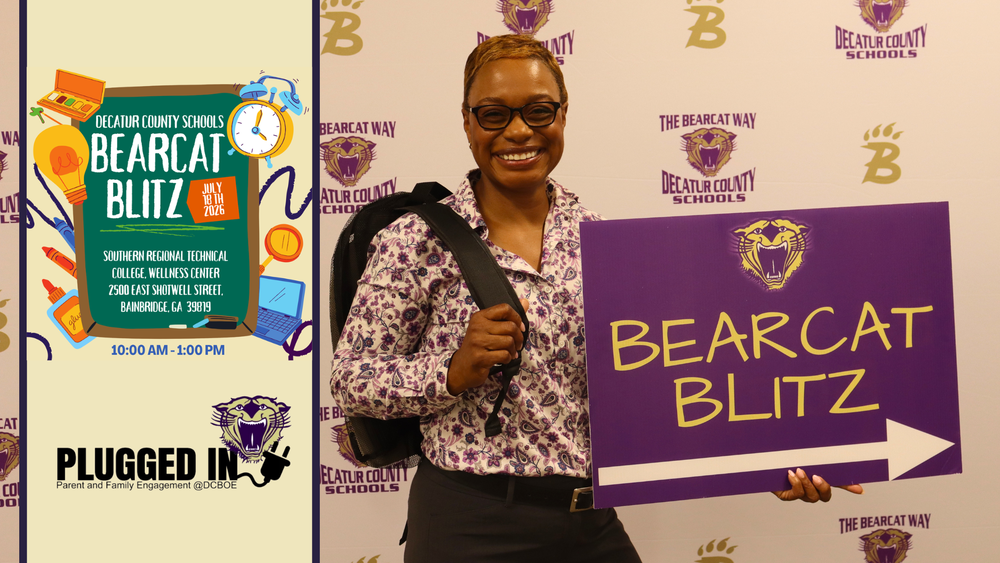 Dr. Crycynthia Gardner smiles while wearing a backpack and holding a purple "Bearcat Blitz" sign next to a Bearcat Blitz 2026 event graphic promoting the July 18 back-to-school event at Southern Regional Technical College.