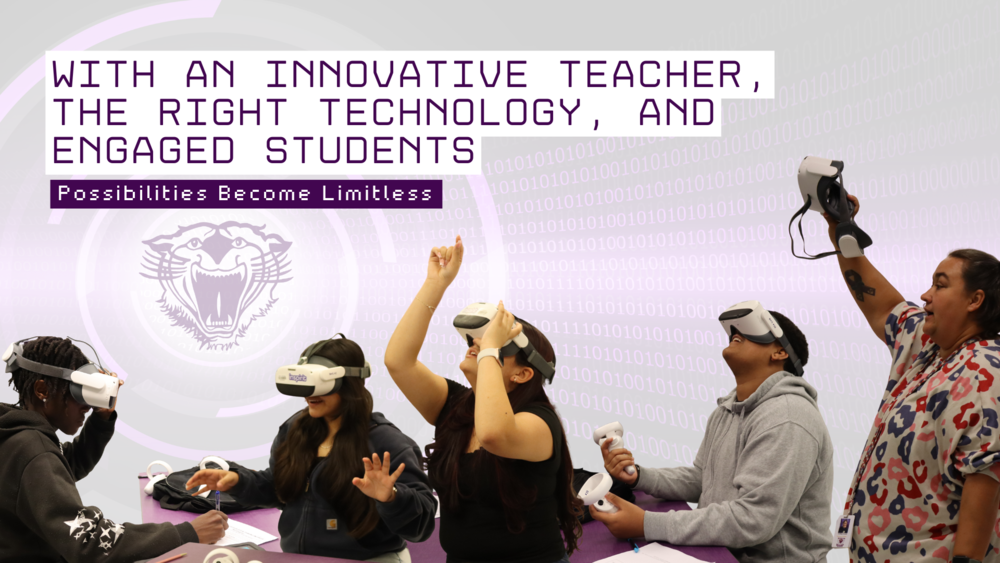 A slide with the phrase "WITH AN INNOVATIVE TEACHER, THE RIGHT TECHNOLOGY, AND ENGAGED STUDENTS, Possibilities Become Limitless.
