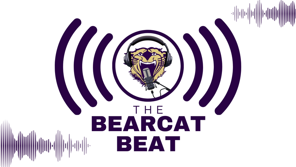 Purple logo with white background that says the bearcat beat. it has a bearcat mascot with headphones and a microphone surrounded by purple sound waves