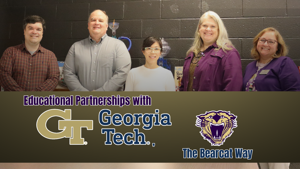 Five educators from Decatur County Schools and Georgia Tech stand together smiling, representing an educational partnership. The image includes Georgia Tech and Bearcat logos with the text “Educational Partnerships with Georgia Tech, The Bearcat Way.
