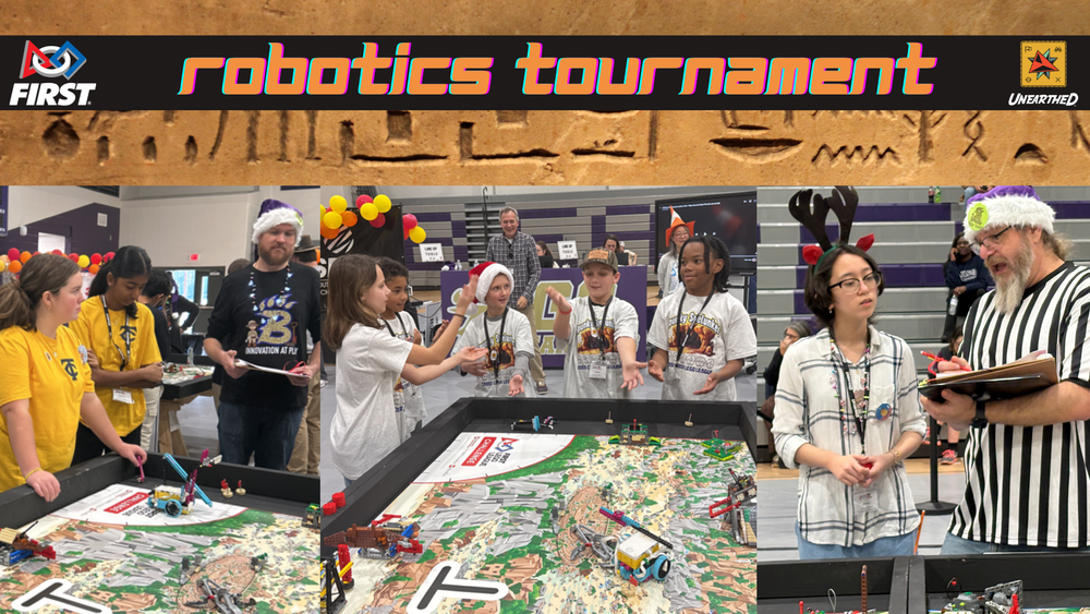 Students with lego robots at tournament tables being scored by referees during December 13th FIRST LEGO LEAGUE robotics tournament "Unearthed"