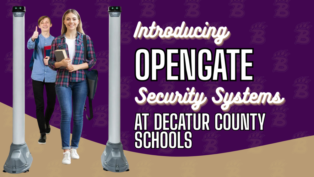 Students walk through OpenGate security systems with a text overlay that reads, "Introducing OpenGate Security Systems at Decatur County Schools.