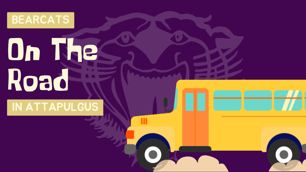 purple graphic with bearcat mascot and bus that says bearscats on the road in attapulgus