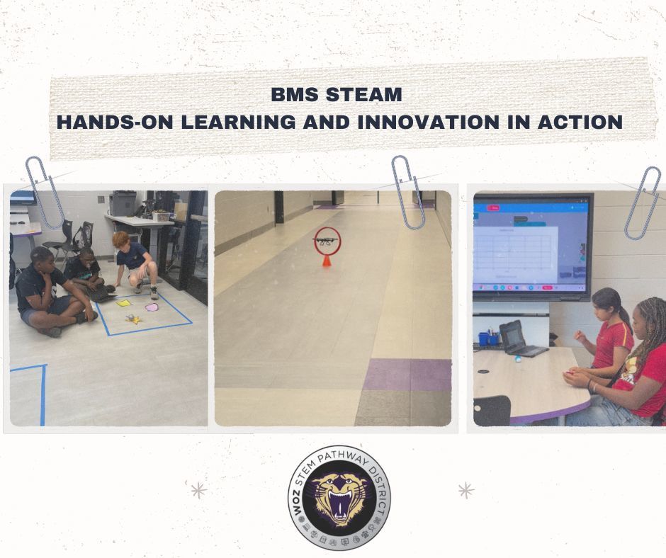 Image of students working with a Sphero, drone flying and students coding looking at data