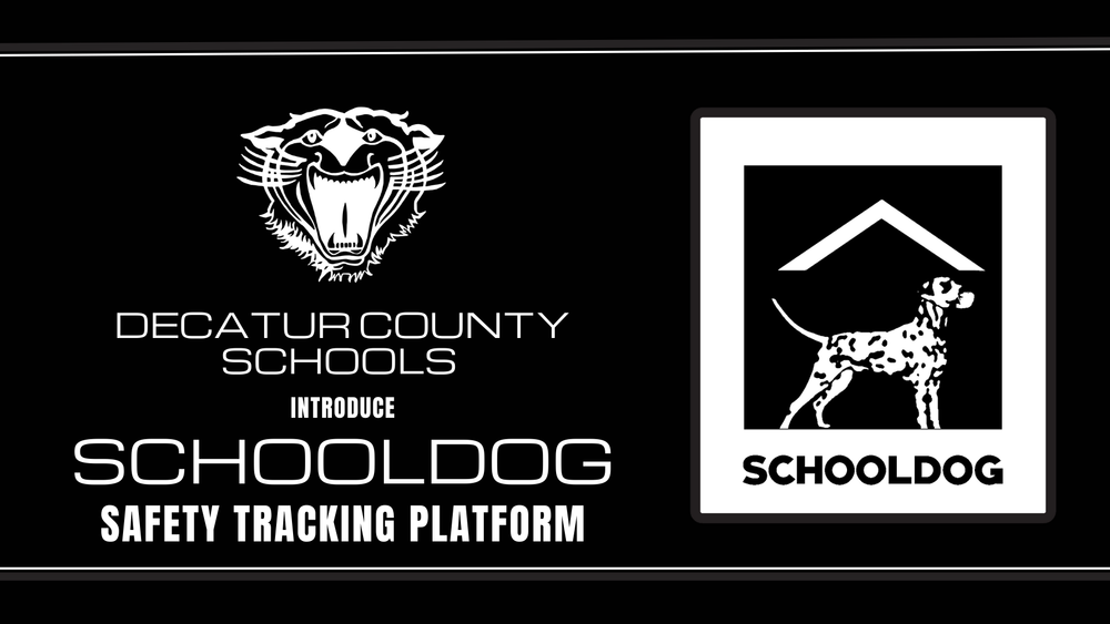 The image displays a document header for Decatur County Schools introducing the SchoolDog Safety Tracking Platform. The main visible text includes "DECATUR COUNTY SCHOOLS," followed by the announcement "INTRODUCE SCHOOLDOG SAFETY TRACKING PLATFORM," and the prominent word "SCHOOLDOG" near the bottom. The layout is simple and focused on presenting the new safety platform.