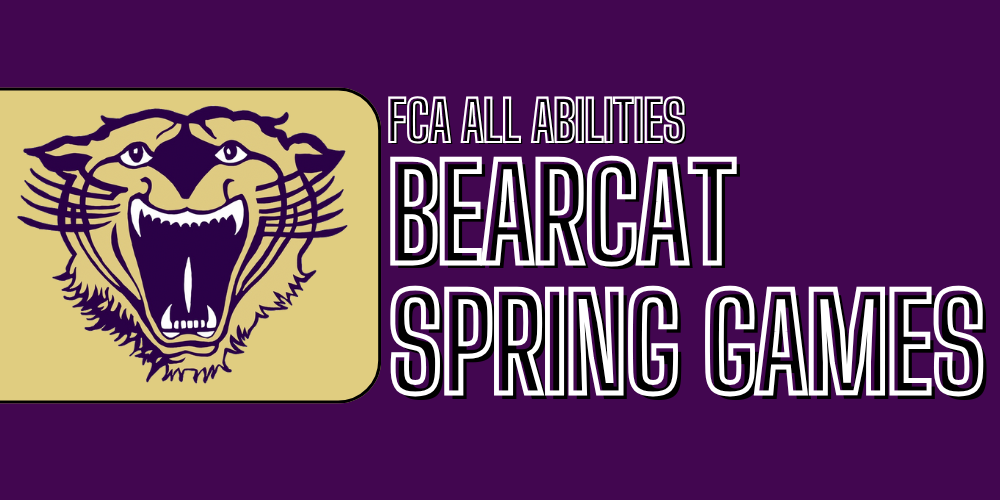 graphic with purple background and gold bearcat mascot that read fca all abilities bearcat spring games
