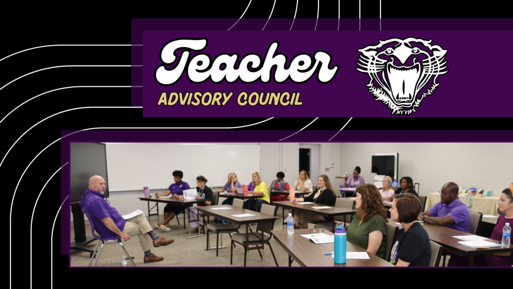 Group of teachers seated around tables in a classroom-style setting, engaged in a meeting with a facilitator at the front. The top of the image features a bold purple banner with white and gold text reading 'Teacher Advisory Council' alongside a roaring Bearcat logo, with curved white lines adding a dynamic design element.