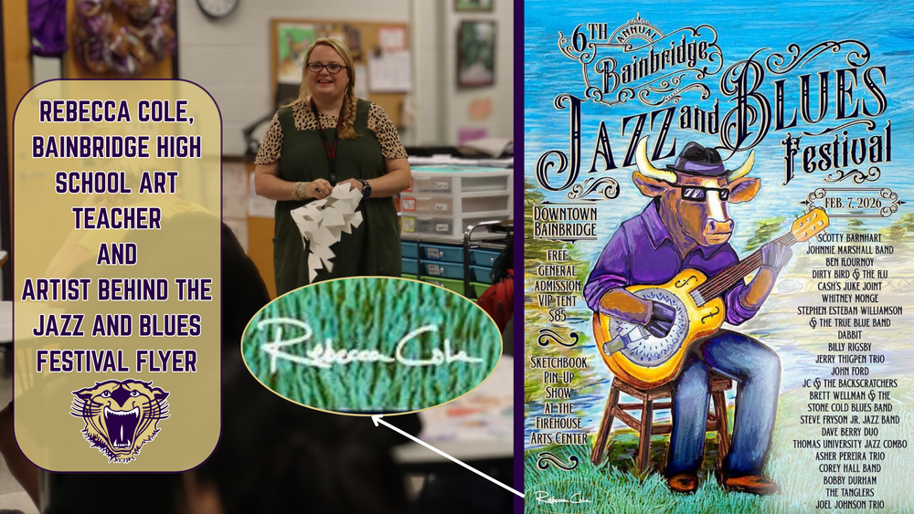 Rebecca Cole, Bainbridge High School art teacher, stands in her classroom beside the official Bainbridge Jazz and Blues Festival poster featuring her original artwork and signature.
