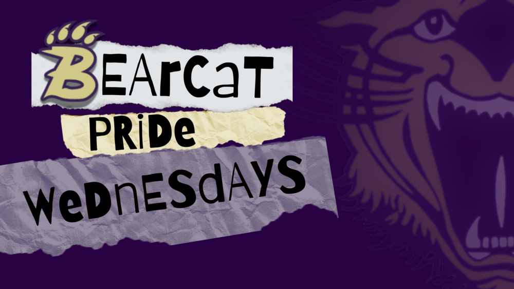 Decatur County Schools Purple and Gold branded image with Bearcat in the background. "Bearcat Pride Wednesdays" written across the screen