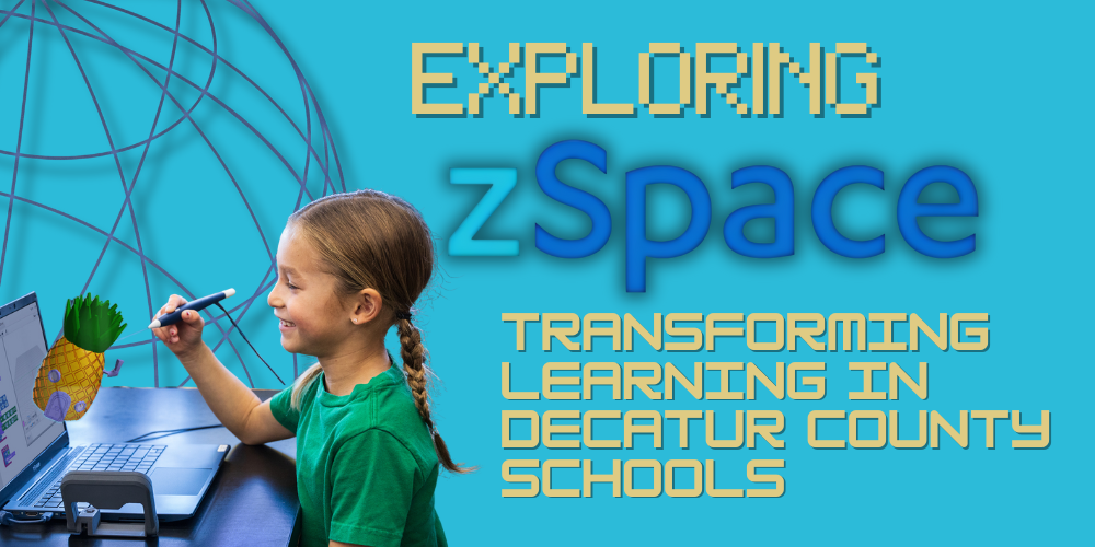 A young student wearing a green shirt smiles while using a stylus to interact with a zSpace laptop, which displays a 3D pineapple character. The background features a digital wireframe globe on the left and bold text on the right that reads: "Exploring zSpace – Transforming Learning in Decatur County Schools.