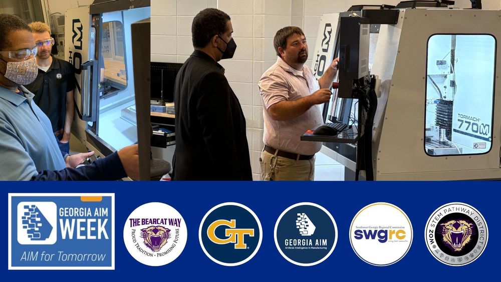 Teachers at GaTECH and BHS working with new Tormach CNC machine and partnership logos from GEORGIA AIM, DCBOE, GaTECH, SWGRC,and WOZ ED Bearcat
