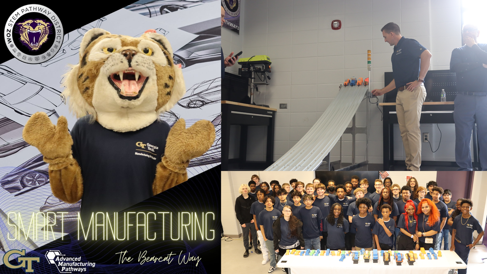 A collage featuring the Bainbridge High School Bearcat mascot wearing a Georgia Tech shirt, Georgia Tech staff overseeing 3D-printed car races on a ramp, and a large group of AMP Races student participants posing with their colorful 3D-printed cars. The design includes Georgia Tech and Advanced Manufacturing Pathways logos with the phrase “Smart Manufacturing – The Bearcat Way