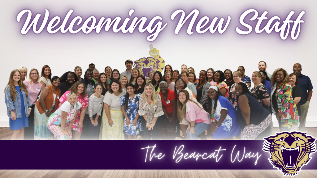 Group photo of Decatur County Schools' 2025–2026 new staff members smiling in front of a Bearcat logo with the text "Welcoming New Staff" and "The Bearcat Way" above and below the image