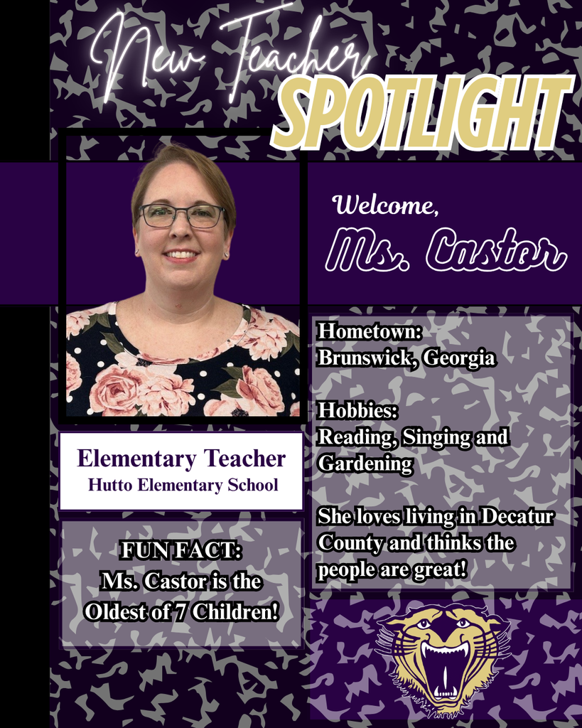 Portrait of Ms. Castor, new elementary teacher at Hutto Elementary School, featured in a “New Teacher Spotlight” graphic with fun facts and personal interests.