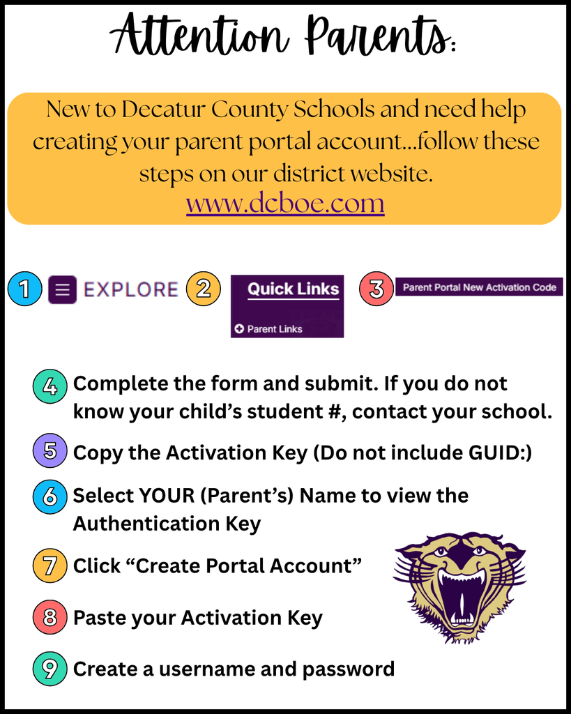 Instructions for new Decatur County Schools parents to create a parent portal account at www.dcboe.com. Steps include navigating to Quick Links, selecting Parent Portal Activation Code, completing a form, copying the activation key, selecting the parent name, and creating a portal account with a username and password. Includes colorful step icons and Bearcat logo