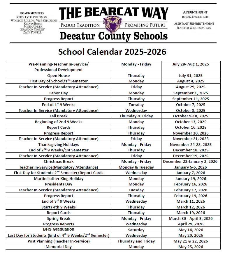 Decatur County Schools 2025–2026 calendar listing key dates including the first day of school (August 4, 2025), holidays, progress reports, breaks, and the last day for students (May 20, 2026)
