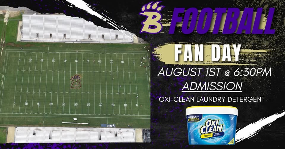 Aerial view of a football stadium with a graphic promoting "B Football Fan Day" on August 1st at 6:30 PM. Admission is a container of Oxi-Clean laundry detergent.