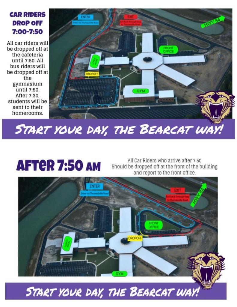 Drop off procedures for the 25-26 School Year. Students being dropped off between 7AM and 7:50 AM will be dropped of at the back of the school where the lunchroom is located. After 7:50 AM students need to be dropped off in the front of the school to get a tardy slip.