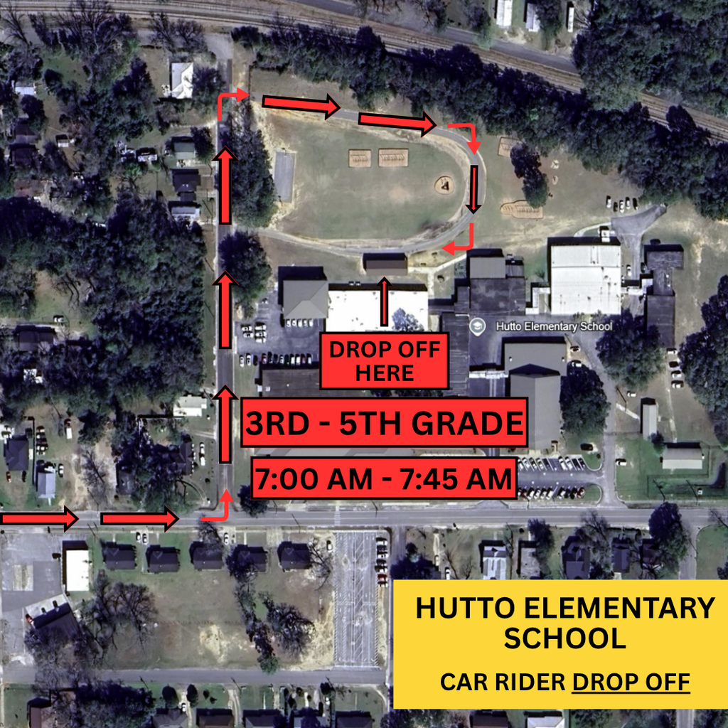 A labeled aerial map of Hutto Elementary School showing the car rider drop-off route for 3rd–5th grade students. Red arrows guide vehicles to enter from Progress Street, loop around the back of the school near the track, and drop students off behind the building. The drop-off time is clearly marked as 7:00 AM – 7:45 AM. A red box highlights the drop-off location, and a yellow box at the bottom right reads: “Hutto Elementary School – Car Rider Drop Off.