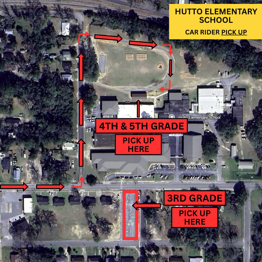 A labeled aerial map of Hutto Elementary School showing the car rider pick-up routes for 3rd–5th grade students. Red arrows indicate the traffic flow. The pick-up location for 4th & 5th grade is behind the school, following the same route used for morning drop-off. The 3rd grade pick-up area is in a front parking lot across from MLK Drive, highlighted in red. A yellow box in the top-right corner reads: “Hutto Elementary School – Car Rider Pick Up.