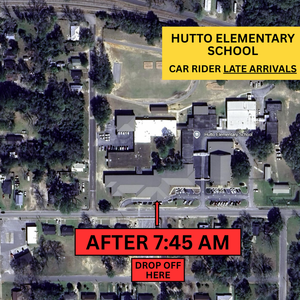 A labeled aerial map of Hutto Elementary School showing the car rider drop-off route for 3rd–5th grade students. Red arrows guide vehicles to enter from Progress Street, loop around the back of the school near the track, and drop students off behind the building. The drop-off time is clearly marked as 7:00 AM – 7:45 AM. A red box highlights the drop-off location, and a yellow box at the bottom right reads: “Hutto Elementary School – Car Rider Drop Off.”